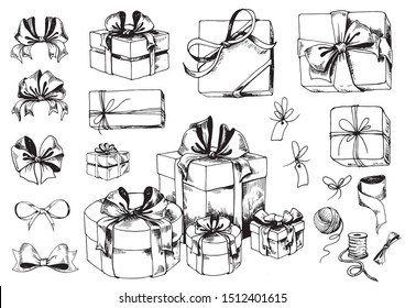 Gift box sketch. Collection of ribbon bows, present boxes and accessories. Hand drawn vector illustration.