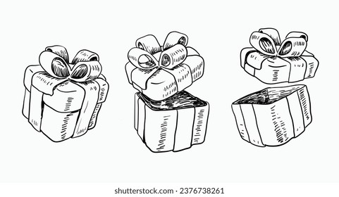 Gift box sketch, New Year present boxes and evergreen branches. Gifts, sweets, vintage toys, candles, Christmas.
