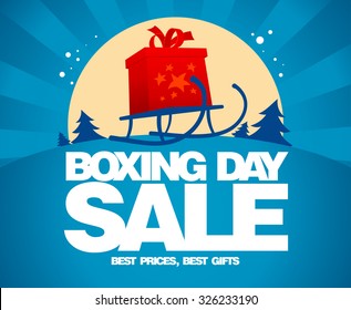 Gift box and sled against winter landscape, Boxing day sale design.