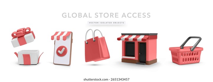 Caixa de presente, Smartphone com toldo, saco de compras, vitrine e cesta em estilo de barro mínimo para comércio eletrônico global, pedidos on-line e acesso de varejo. Ilustração de vetor.