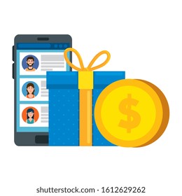 gift box with smartphone and coin isolated icon vector illustration design