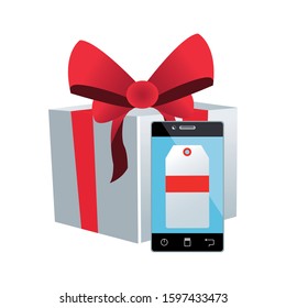 gift box and smartphone with price tag over white background, colorful design, vector illustration