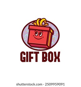 Caja de regalo con una cara sonriente y una cinta amarilla en el diseño superior del logotipo del personaje de la mascota de dibujos animados