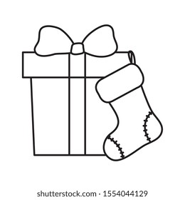 gift box with sock christmas line style vector illustration design