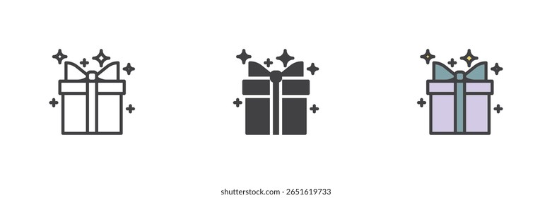 Caja de regalo con icono de destellos en línea, glifo y estilo de contorno lleno de colores. Brillante Vector de regalo festivo símbolo de celebración de paquete de iconos.