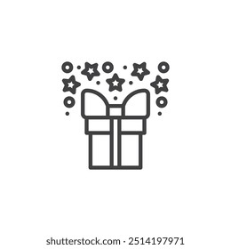 Caixa de Presente com ícone de linha Sparkles. sinal de estilo linear para conceito móvel e web design. Uma caixa de presente rodeada por estrelas ícone do vetor contorno. Símbolo, ilustração de logotipo. Gráficos vetoriais