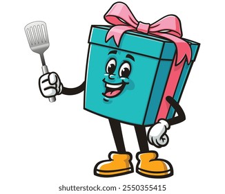 Gift Box with spatula,  Cartoon Mascot Illustration Character Vector Clip-art Hand-drawn Logo Design