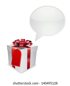 caja de regalo con burbuja de voz y etiqueta
