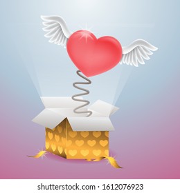 Gift box spring heart with wings for Valentine s day on isolated background. Vector image eps 10