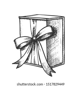Gift Box In Square Form With Ribbon Ink Vector. Celebration Holiday Decoration Surprise Present Box. Festive Container Engraving Layout Hand Drawn In Vintage Style Black And White Illustration