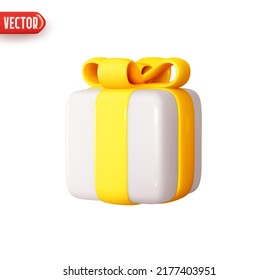 Geschenkbox. Quadrate Geschenküberraschung. Dekor zum Geburtstag, Weihnachten und Neujahr. Realistisches 3D-Design im Plastikkarikaturenstil. Symbol einzeln auf weißem Hintergrund. Vektorgrafik