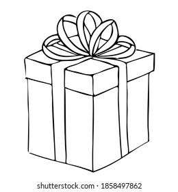 Gift box, square, tied with a ribbon, with a ribbon bow on top.Contour drawing by hand, vector.