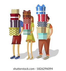 Gift box stack. Isolated man and woman person cartoon characters holding gift box stacks. Christmas holiday present surprise. Sale and shopping vector illustration