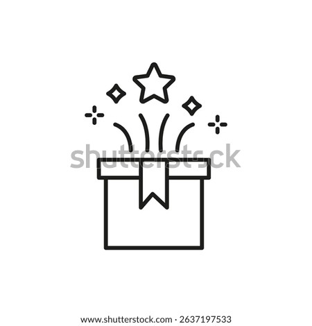 Gift Box With Star And Sparkles Line Icon. Surprise, Celebration, And Festivity Outline Symbol. Holiday Present, Joyful Event, And Special Occasion. Editable Stroke. Isolated Vector Illustration.