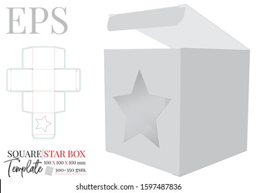 Gift Box with star Template. Vector with Die Cut / Laser Cut Layers. White, clear, blank, isolated Square present Box mock up on white background with perspective view. Packaging Design