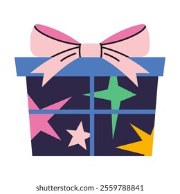 Gift box with stars, ribbon and bow. Christmas and birthday holiday packaging decor. Trendy modern vector illustration isolated on white background, hand drawn, flat design