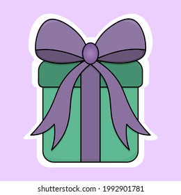 Gift in a box. Sticker on a white backing. The surprise box is tied with a bow. Colored vector illustration. Isolated delicate background. Cartoon style. Idea for web design, sticker, invitation.