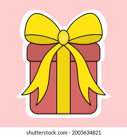 Gift in a box. Sticker on a white backing. The surprise box is tied with a bow. Colored vector illustration. Isolated delicate background. Cartoon style. Idea for web design, sticker, invitation.