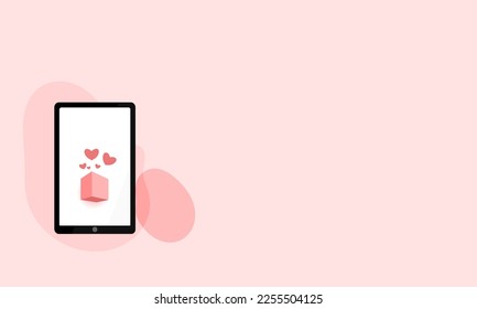 Gift box sticker in smartphone. Social media concept. Vector illustration in flat style.