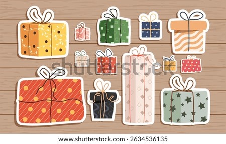 Gift box stickers colorful clipart set. Gift box outline sticker clip art collection for birthday, christmas and holiday decoration drawing elements vector illustration. 
