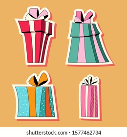 Conjunto de dibujos animados de Vector de pegatinas de caja de regalo aislado en el fondo.