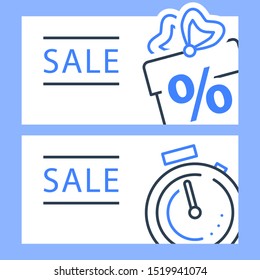 Gift box and stopwatch, sale horizontal banner, loyalty program, earn points, win present, redeem bonus, giveaway concept, vector line design