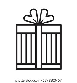 Gift box with stripe pattern and ribbon vector icon outline isolated on square white background. Simple flat monochrome black and white minimalist cartoon art styled drawing.
