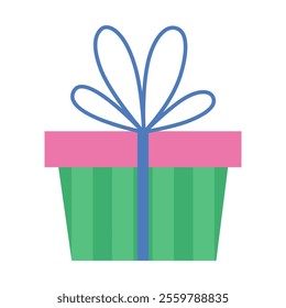 Gift box with striped wrapper, ribbon and bow. Christmas and birthday holiday packaging decor. Trendy vector illustration isolated on white background, hand drawn, flat design