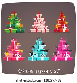 gift box surprise collection , presents set with ribbon and bow for holiday greeting postcard or invitation. funny cartoon vector illustration