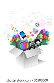 Gift box surprise - entertainment. All elements are layered separately in vector file.