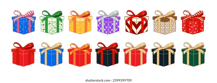 Gift box. Surprise event celebration, design for greeting. Holiday decoration.Set of Christmas gifts, New Year presents, gift boxes with ribbons. Coloured surprise gift boxes.