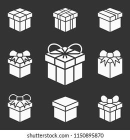 Gift box surprise icons. Set of present, parcel, package, discount, delivery, birthday, prize symbols.