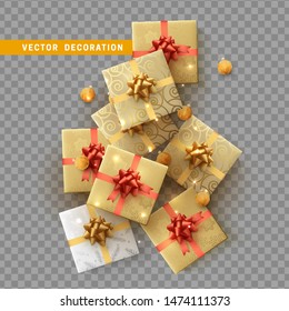 Gift box with surprise isolated on transparent background. Christmas abstract form of spruce from gifts. Pine tree from the boxes. Vector illustration