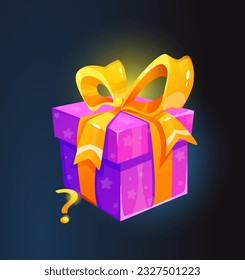 Gift box with surprise. Isometric realistic packs with golden ribbon and mystery bonus inside. Volumetric shining present for design of game user interface. 3d vector isolated on dark background
