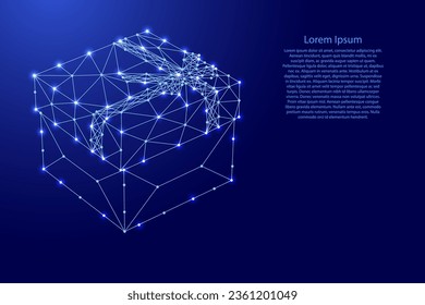 Gift box surprise, ribbon and bow, from futuristic polygonal blue lines and glowing stars for banner, poster, greeting card
