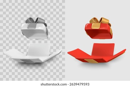 Gift Box Surprise with Ribbon in Modern 3D Cartoon Style. Festive Open Present Icon for Celebration, Holiday, or Sale Event Design. Red and White Color Variants. Vector Illustration.