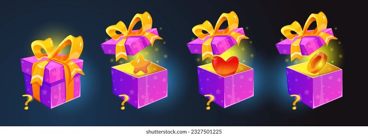 Gift box with surprise set. Volumetric shiny pack with gold ribbon and bow, ring and heart, award and star inside. Isometric realistic presents for game UI. 3d vector isolated on dark background