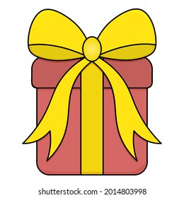 Gift in a box. The surprise box is tied with a bow. Colored vector illustration. Isolated white background. Cartoon style. Nice present. Delivery of holiday parcels. Birthday. Idea for web design.
