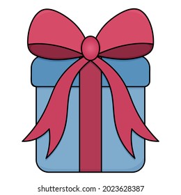 Gift in a box. The surprise box is tied with a bow. Colored vector illustration. Isolated white background. Cartoon style. Nice present. Delivery of holiday parcels. Birthday. Idea for web design