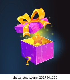 Gift box with surprise. Volumetric purple pack with bow and gold ribbon and star shining with award inside. Isometric realistic present for game UI design. 3d vector isolated on dark background