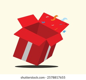 Gift box surprize party vector illustration, open box, cartoon style