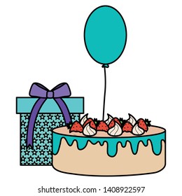 gift box with sweet cake and balloon helium floating