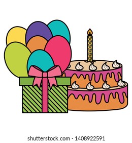 gift box with sweet cake and balloons helium floating