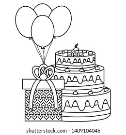 gift box with sweet cake and balloons helium floating