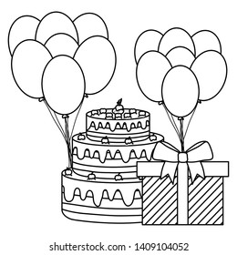 gift box with sweet cake and balloons helium floating