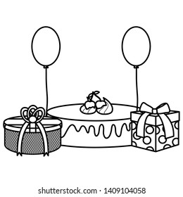 gift box with sweet cake and balloons helium floating