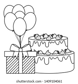 gift box with sweet cake and balloons helium floating