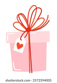 Gift box with tag with heart illustration in cartoone style. Design of a greeting card for Valentine's Day, mother's day, women's day. Perfect for, banner, card, postcard, cover. Editable stroke.