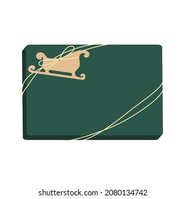 Gift box with tag in sleigh shape. Design for greeting card, banner, poster. Vector illustration.