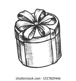 Gift Box Tall Round Shape With Ribbon Ink Vector. Birthday Anniversary Decoration Surprise Present Box. Elegance Container Engraving Mockup Hand Drawn In Vintage Style Black And White Illustration
